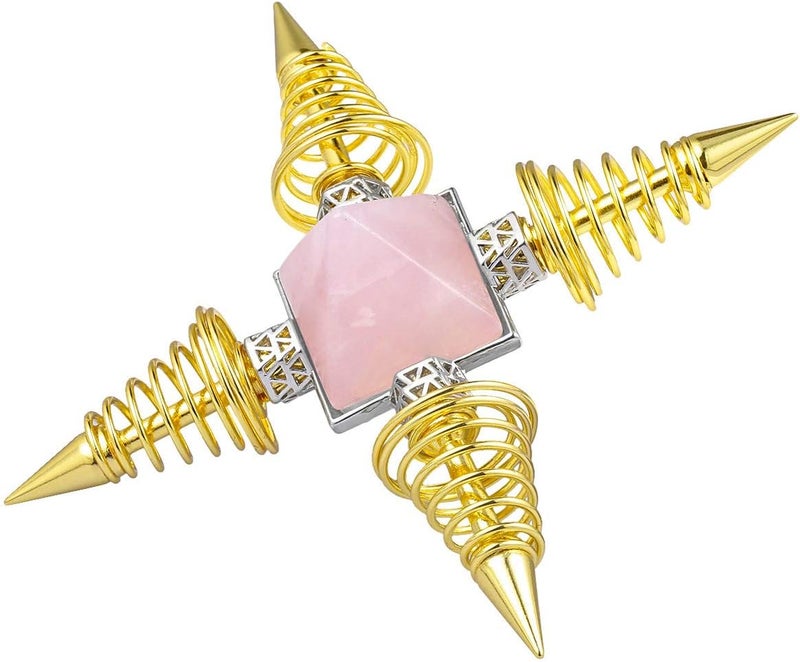 mookaitedecor Rose Quartz Pyramid Healing Crystal Stone Energy Generator with 4 Spiral Copper Points for Reiki Balancing Meditation, Gold Plated