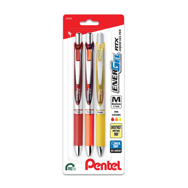 Pentel EnerGel RTX Retractable Liquid Gel Pen, Happiness Hue, 0.7mm, Red, Orange and Yellow ink, Pack of 3 Pens (BL77HAPBP3M) - Image 1