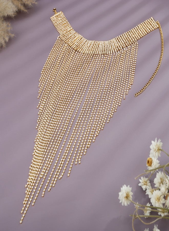 يرتير قلادة YERTTER مزينة بشراشيب كاملة مرصعة بأحجار الراين، سلسلة على شكل حرف Y، سلسلة شرابة، طوق مزين بشراشيب كريستالية، قلادة تشوكر للترقوة، مناسبة لحفلات الزفاف، الحفلات الموسيقية، الحانات، للنساء (ذهبي 4) - Image 3