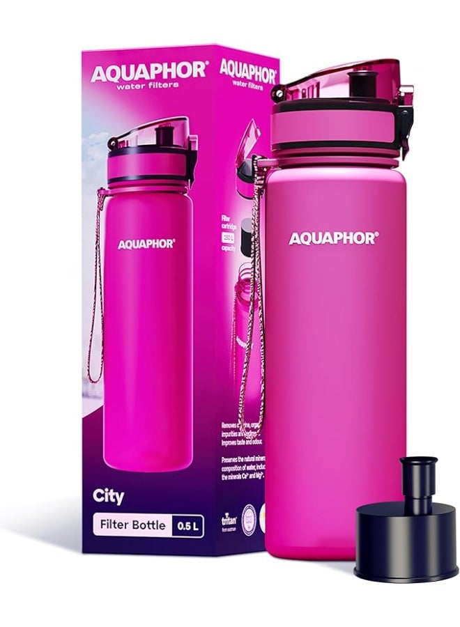 Aquaphor AQUAPHOR City Bottle 500ml Pink | Travel Water Bottle with Activated Carbon Filter | Filters Chlorine & Impurities | Made of Tritan & BPA-Free | Stay Hydrated On the Go!  - Image 1