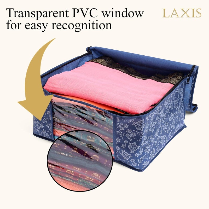 LAXIS ® Saree Covers With Zip Non-Woven Printed Saree Cover/Saree Organizer For Wardrobe/Cloth Storage With Transparent Window/Saree Bags Storage/Clothes Organizer (Blue- Pack of 3) - Image 5
