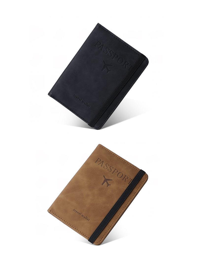 Teuuea 2 Pieces Passport Holder Cover, Card Case, PU Leather Travel Wallet Organizer with RFID Blocking, Travel Must Haves Document Holder for Men Women Travel Accessories (Brown and Black) - Image 1