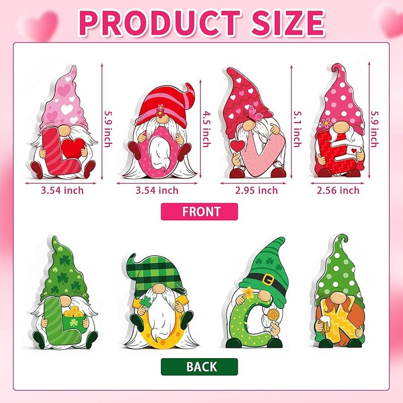 YGEINIT Valentines & St Patricks Day Decorations, 4 Pcs Double-sided Love & Luck Gnome Wooden Sign for Table Tiered Tray Mantel Decorations, Valentine and Shamrock Gnomes Centerpieces for Home Office Gifts - Image 2