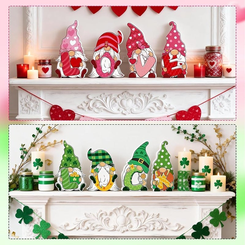 YGEINIT Valentines & St Patricks Day Decorations, 4 Pcs Double-sided Love & Luck Gnome Wooden Sign for Table Tiered Tray Mantel Decorations, Valentine and Shamrock Gnomes Centerpieces for Home Office Gifts - Image 4