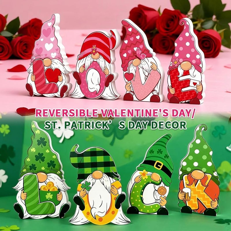 YGEINIT Valentines & St Patricks Day Decorations, 4 Pcs Double-sided Love & Luck Gnome Wooden Sign for Table Tiered Tray Mantel Decorations, Valentine and Shamrock Gnomes Centerpieces for Home Office Gifts - Image 3