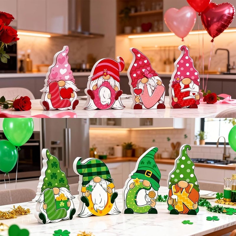 YGEINIT Valentines & St Patricks Day Decorations, 4 Pcs Double-sided Love & Luck Gnome Wooden Sign for Table Tiered Tray Mantel Decorations, Valentine and Shamrock Gnomes Centerpieces for Home Office Gifts - Image 5
