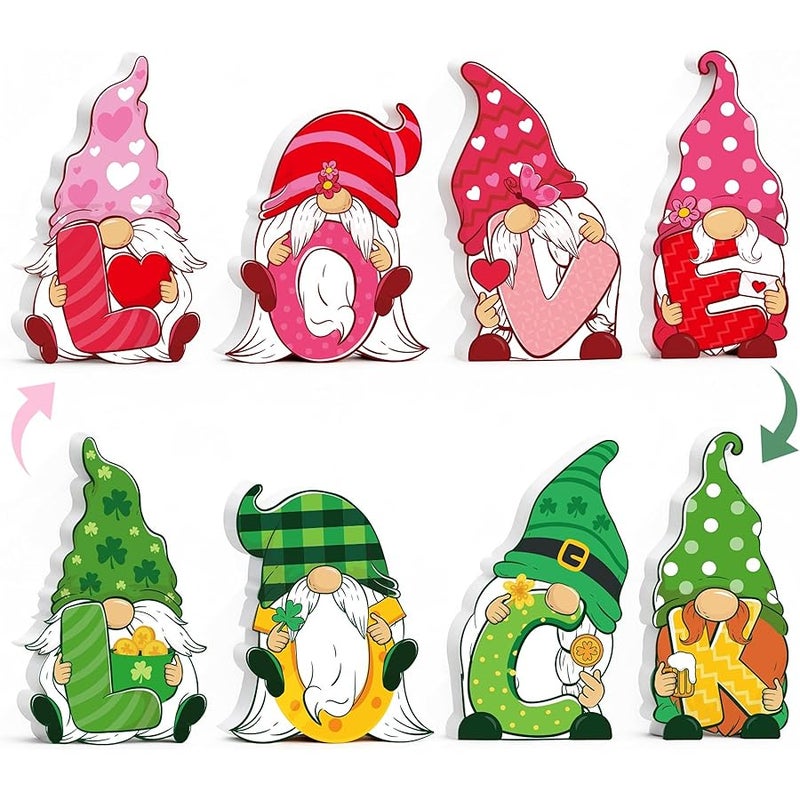 YGEINIT Valentines & St Patricks Day Decorations, 4 Pcs Double-sided Love & Luck Gnome Wooden Sign for Table Tiered Tray Mantel Decorations, Valentine and Shamrock Gnomes Centerpieces for Home Office Gifts - Image 1