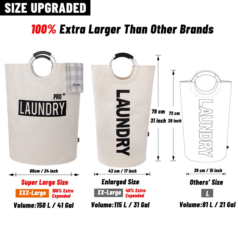 Caroeas Super Large 150L Laundry Basket Pro, Waterproof Laundry Hamper, Collapsible Laundry Basket Easy Storage, Clothes Hamper Stands Up Well, Laundry Bag with Padded Handles (Beige) - Image 3
