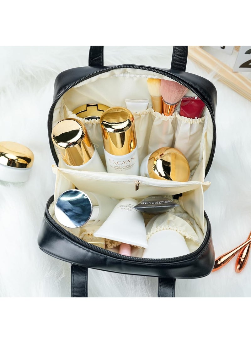 Zikra Portable Small Travel Makeup Bag, Waterproof Toiletry Bag with Divider and Handle, Leather Cosmetic Bag for Toiletries Accessories Brushes, Makeup Organize, Black - Image 2
