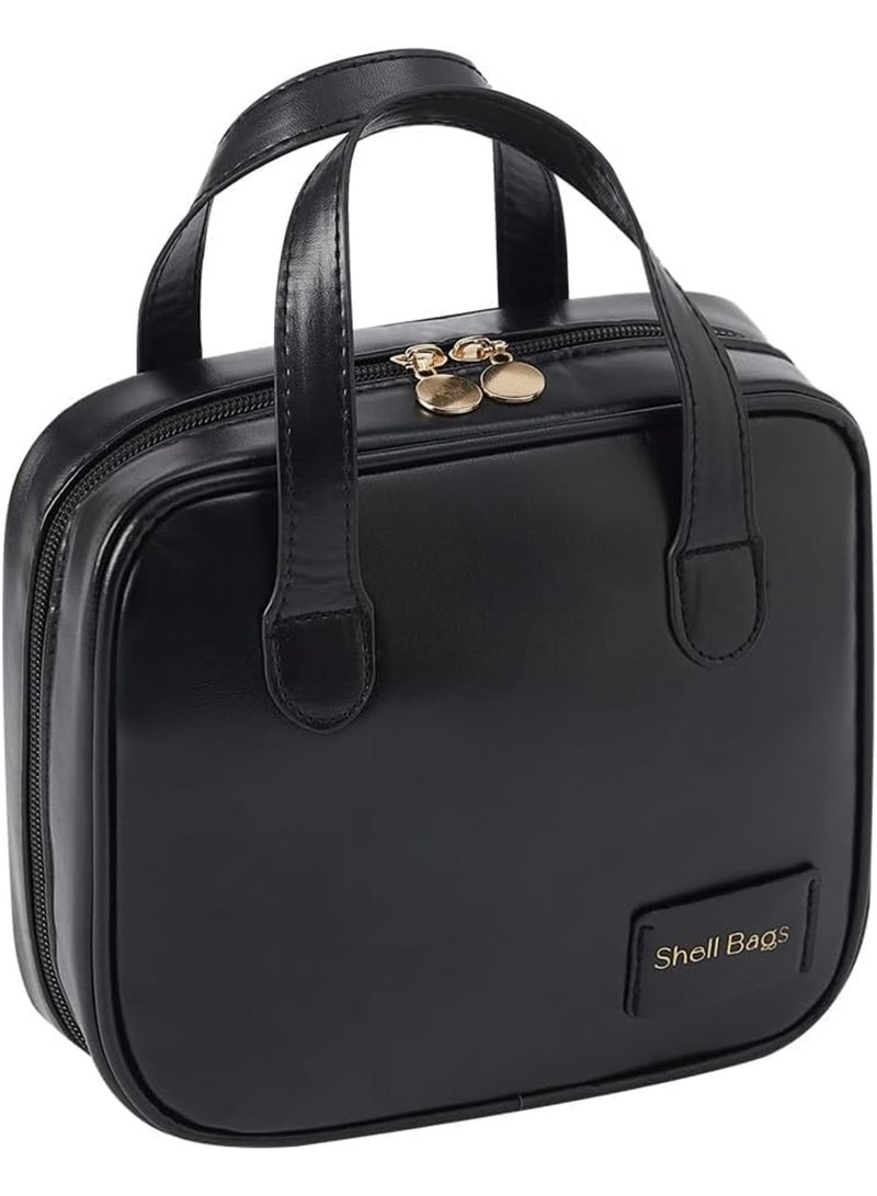 Zikra Portable Small Travel Makeup Bag, Waterproof Toiletry Bag with Divider and Handle, Leather Cosmetic Bag for Toiletries Accessories Brushes, Makeup Organize, Black - Image 1