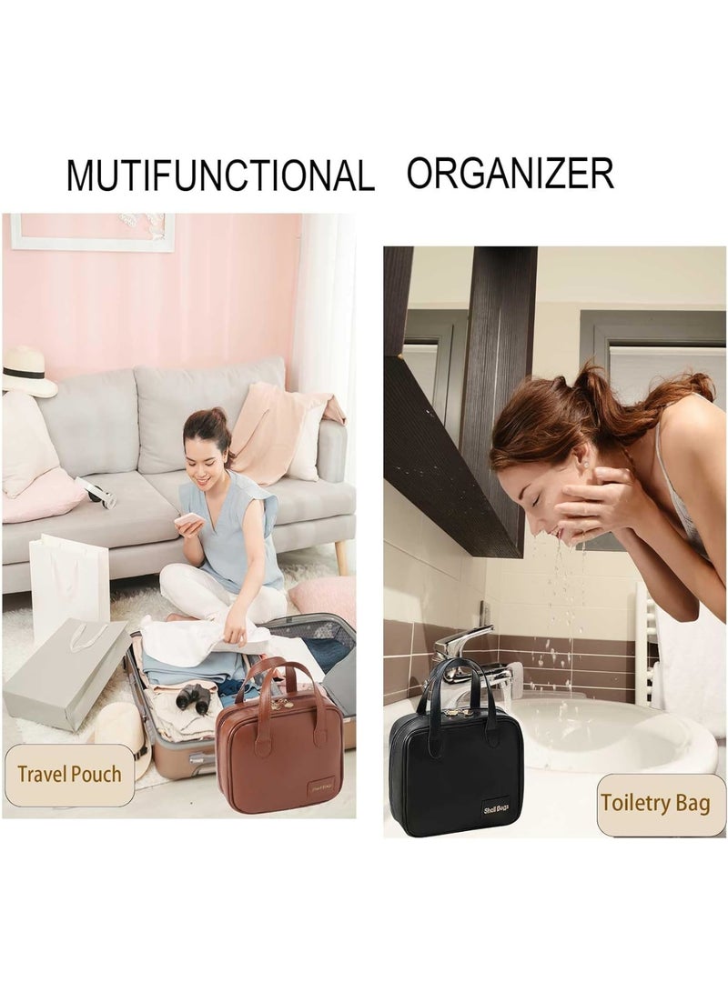 Zikra Portable Small Travel Makeup Bag, Waterproof Toiletry Bag with Divider and Handle, Leather Cosmetic Bag for Toiletries Accessories Brushes, Makeup Organize, Black - Image 3