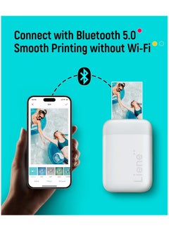 Liene Liene 2x3” Photo Printer, Mini Instant Portable Color Mono Photo Printer Bundle 50 Zink Adhesive Paper, Bluetooth 5.0, Compatible w/iOS & Android, Small Picture Printer for iPhone, Smartphone, White  - Image 2
