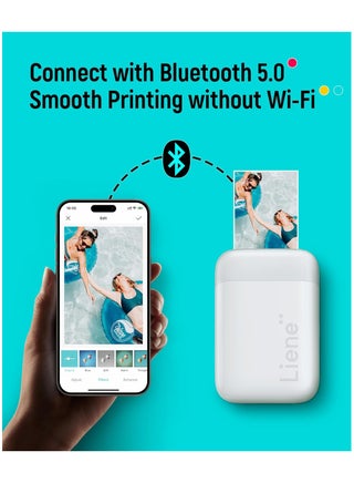 Liene 2x3” Photo Printer, Mini Instant Portable Color Mono Photo Printer Bundle 50 Zink Adhesive Paper, Bluetooth 5.0, Compatible w/iOS & Android, Small Picture Printer for iPhone, Smartphone, White - view 2