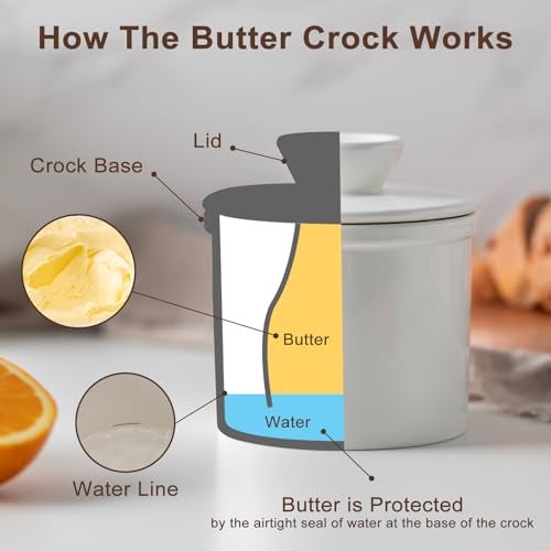 Husfunov Butter Crock With Water Line for Countertop, French Dish With Lid, Ceramic Keeper for Fresh Spreadable Butter, Container Holder for Kitchen and Home Decor, White - Image 4