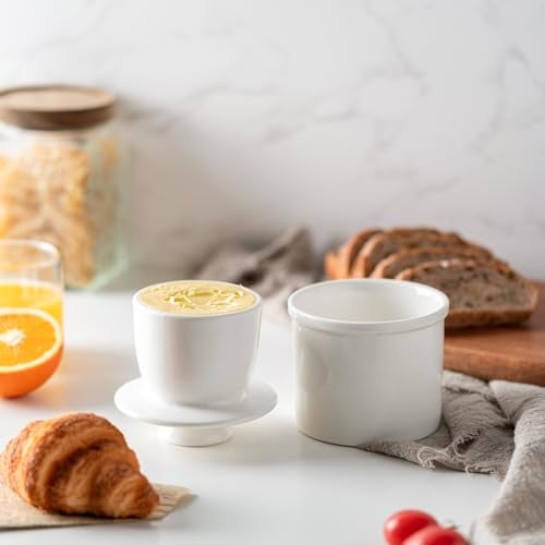 Husfunov Butter Crock With Water Line for Countertop, French Dish With Lid, Ceramic Keeper for Fresh Spreadable Butter, Container Holder for Kitchen and Home Decor, White - Image 2