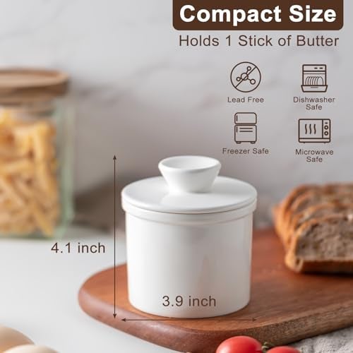 Husfunov Butter Crock With Water Line for Countertop, French Dish With Lid, Ceramic Keeper for Fresh Spreadable Butter, Container Holder for Kitchen and Home Decor, White - Image 5
