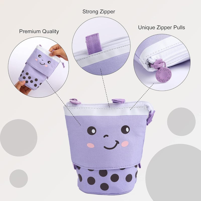 FINEMOE Polyester Standing Pencil Case Cute Pencil Pouch For Girls Boys - Korean Boba Pop Up Stationery Makeup Cosmetic Organizer Box, Pen Pencil For Boys Kids Women School Students (Purple) - Image 2