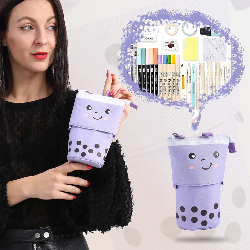 FINEMOE Polyester Standing Pencil Case Cute Pencil Pouch For Girls Boys - Korean Boba Pop Up Stationery Makeup Cosmetic Organizer Box, Pen Pencil For Boys Kids Women School Students (Purple) - Image 3