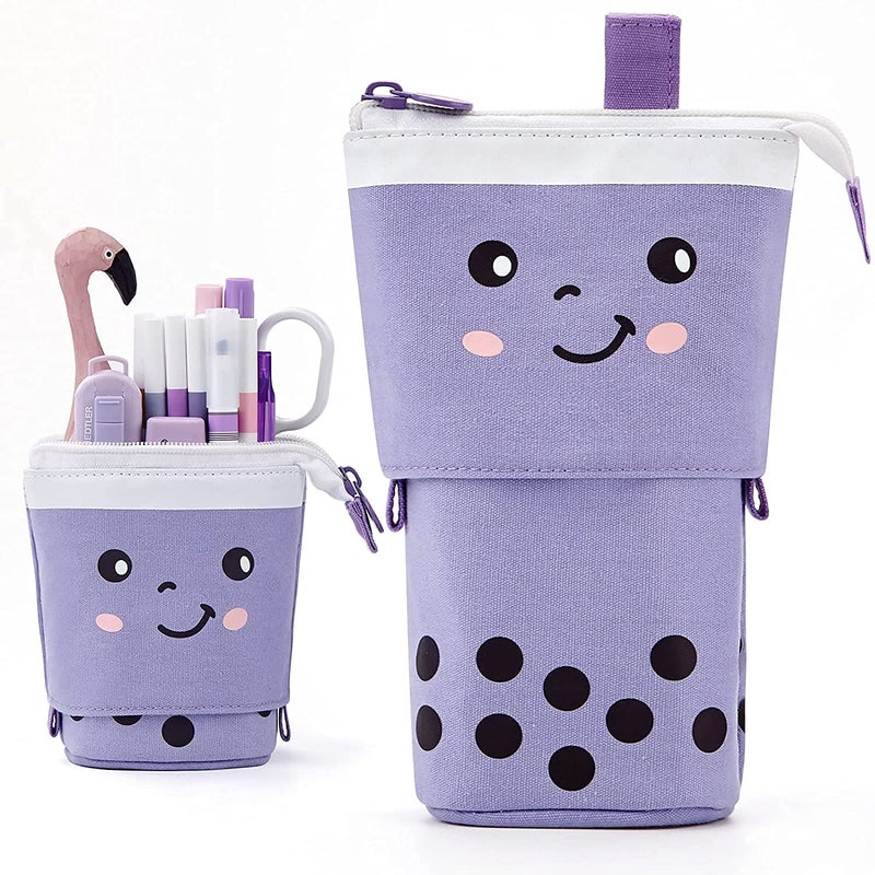 FINEMOE Polyester Standing Pencil Case Cute Pencil Pouch For Girls Boys - Korean Boba Pop Up Stationery Makeup Cosmetic Organizer Box, Pen Pencil For Boys Kids Women School Students (Purple) - Image 1