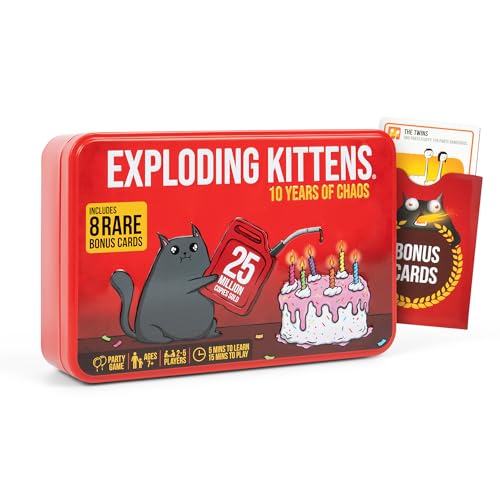 Exploding Kittens 10th Anniversary Collectible Tin Limited Edition Updated with 8 Legacy Cards Hilarious FastPaced Card Game for Adults and Kids Travel Friendly Ideal for Family Game Night - Image 1