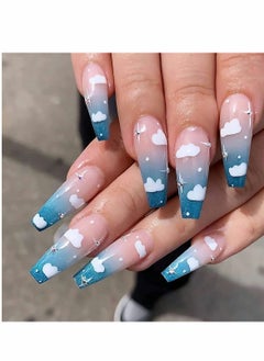 KASTWAVE 24 Pcs Blue Sky And White Clouds Nail Patch, Full Cover Long Fake Nails Glossy False Nails, Acrylic Nails for Women and Girls (Blue Cloud)  - Image 2