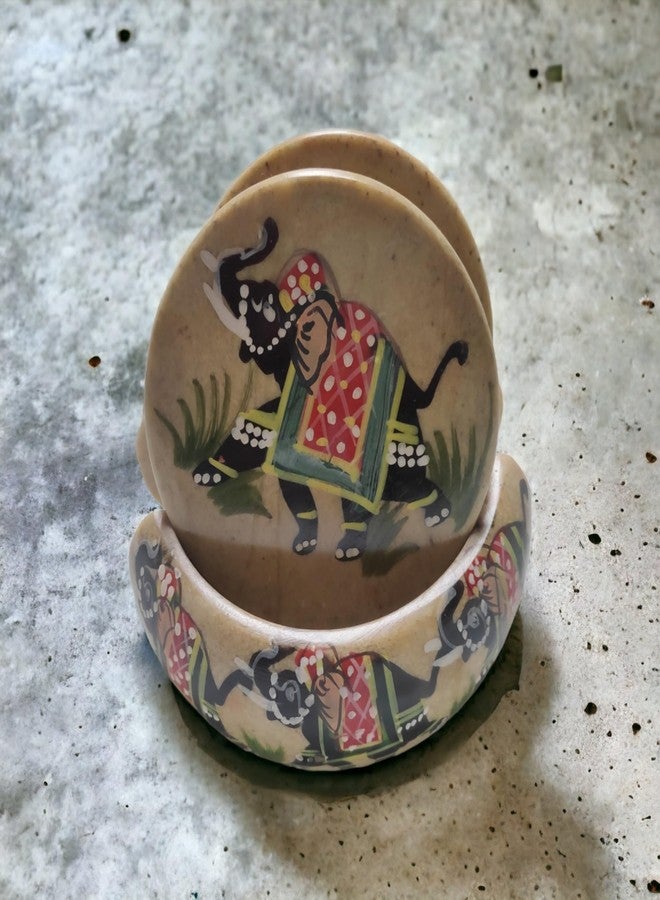 Pooja Creation Marble Elephant Design Coaster, 7.5x7.5 cm, Multicolour, 7 Piece - Image 3