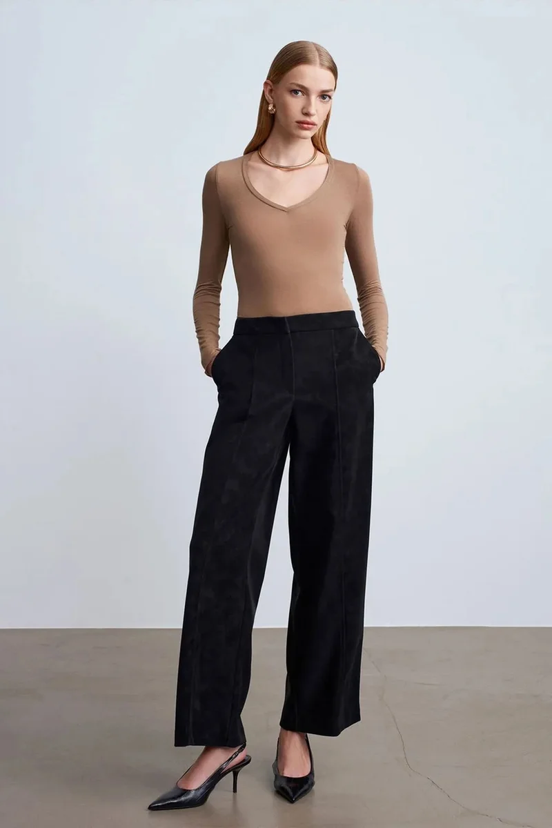 Dilvin Black DILVIN High-Waist Wide-Leg Faux Suede Trousers for Women | Best Price UAE