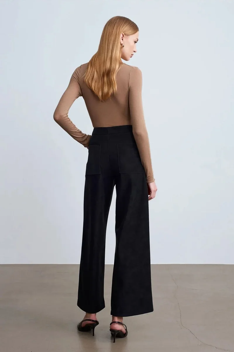 Dilvin Black DILVIN High-Waist Wide-Leg Faux Suede Trousers for Women | Best Price UAE