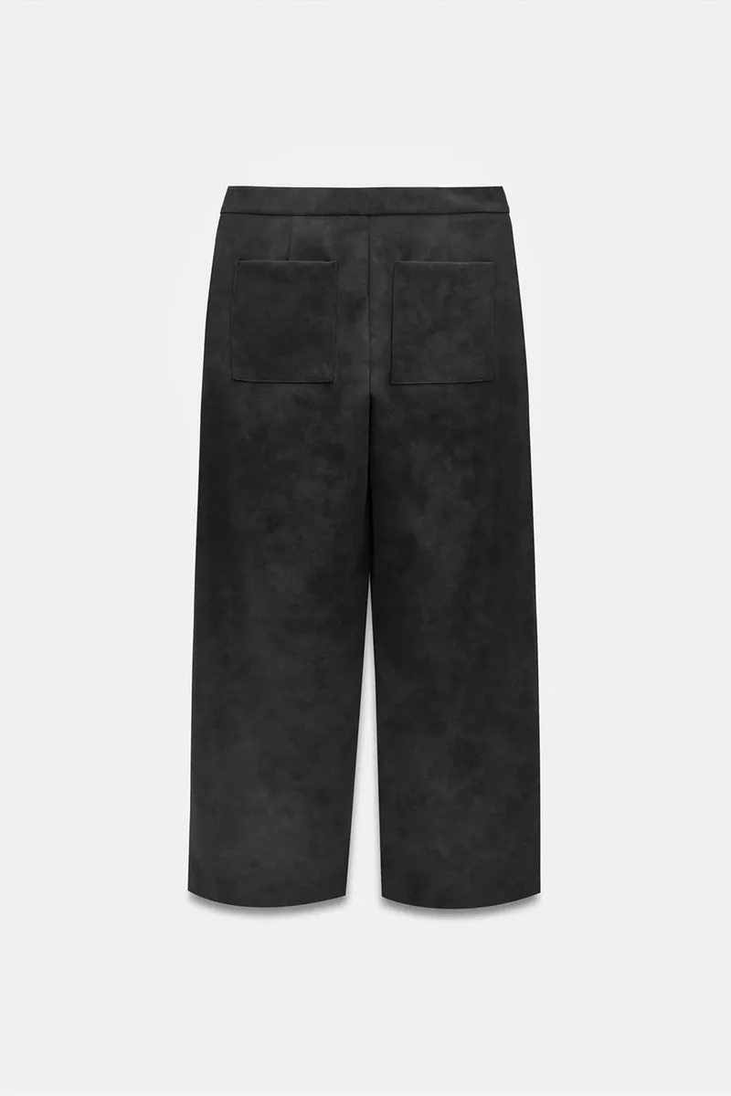 Dilvin Black DILVIN High-Waist Wide-Leg Faux Suede Trousers for Women | Best Price UAE