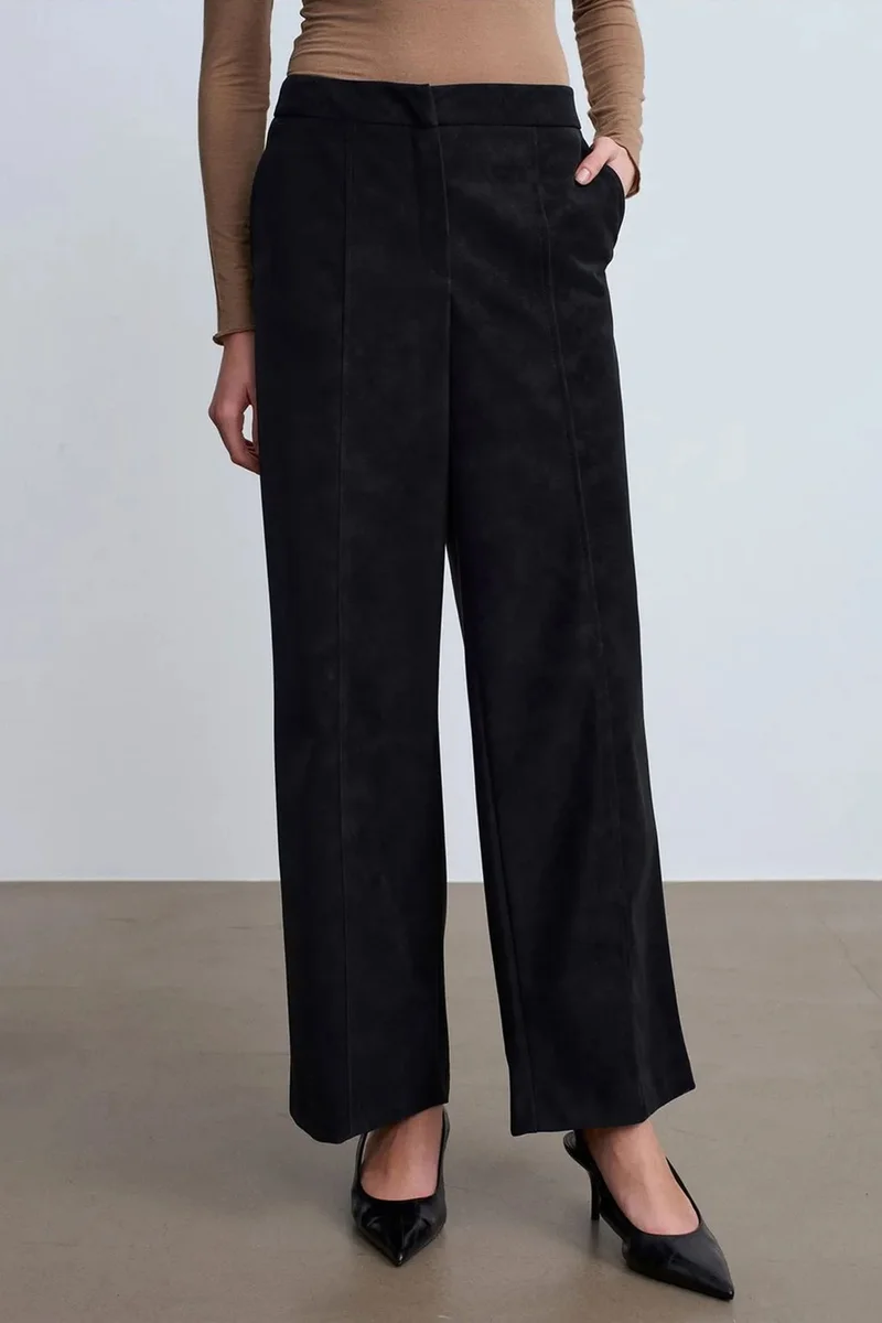 Dilvin Black DILVIN High-Waist Wide-Leg Faux Suede Trousers for Women | Best Price UAE