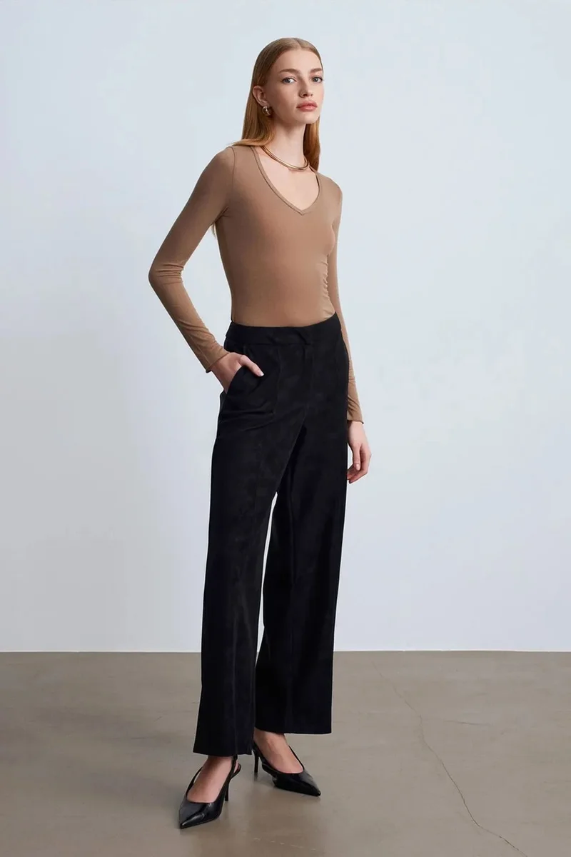 DILVIN High-Waist Wide-Leg Faux Suede Trousers