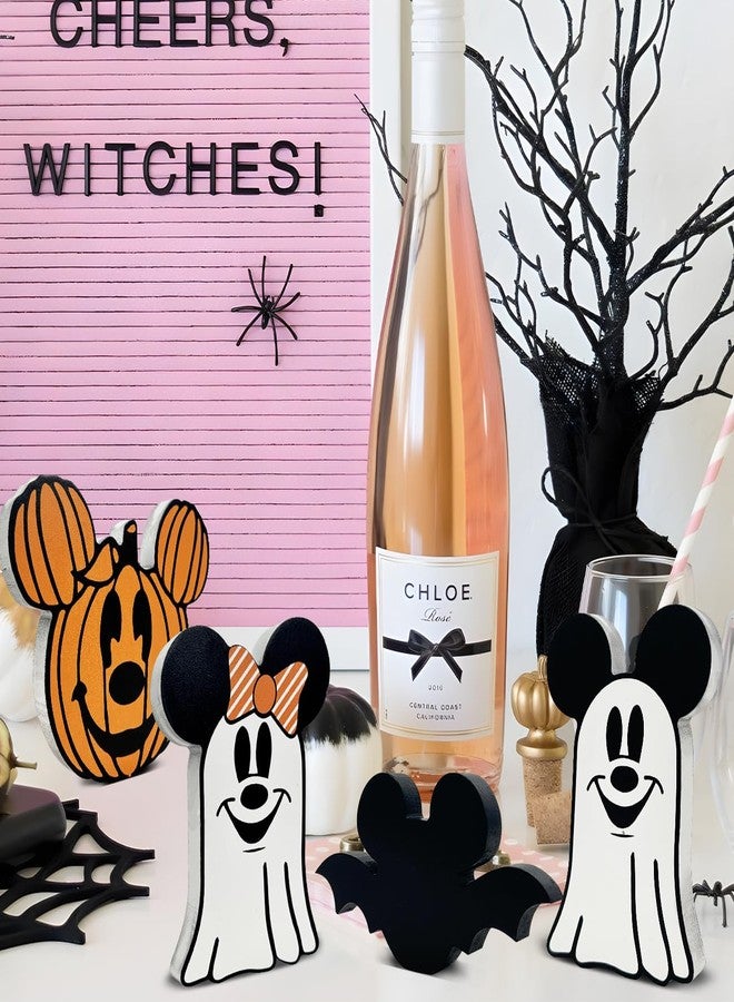 Haimimall 4pcs Ghost Halloween Decorations for Indoors, Cute Mouse Spooky Centerpiece Table Decorations, Wooden Bat Pumpkin Tiered Tray Decor, Wooden Table Decor for Home Halloween Party - Image 4