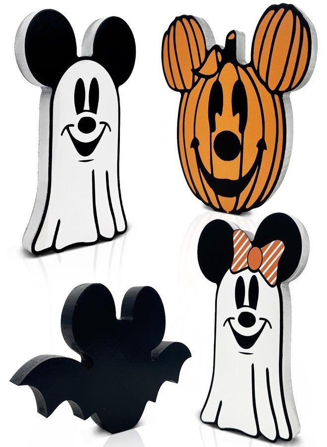Haimimall 4pcs Ghost Halloween Decorations for Indoors, Cute Mouse Spooky Centerpiece Table Decorations, Wooden Bat Pumpkin Tiered Tray Decor, Wooden Table Decor for Home Halloween Party - Image 1