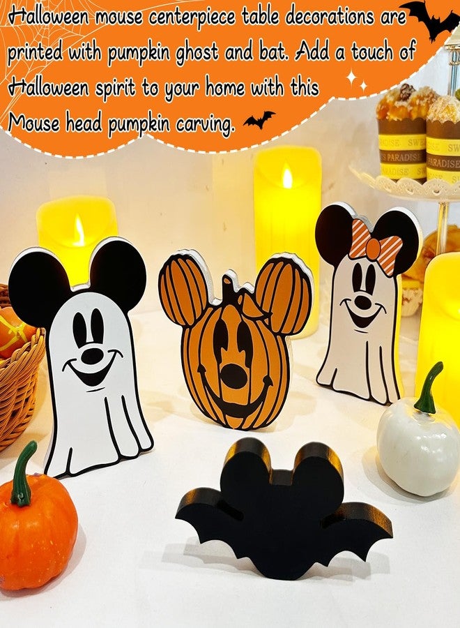 Haimimall 4pcs Ghost Halloween Decorations for Indoors, Cute Mouse Spooky Centerpiece Table Decorations, Wooden Bat Pumpkin Tiered Tray Decor, Wooden Table Decor for Home Halloween Party - Image 3