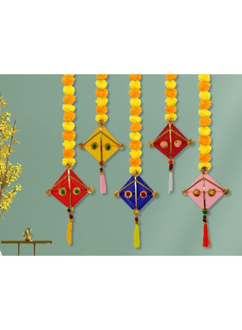 JH Gallery Handmade Artificial Marigold Fluffy Flowers Colorful Woolen Kite Hanging for Home, Festival, Wedding, Temple Pooja Room Decoration (Pack of 5) - Image 1