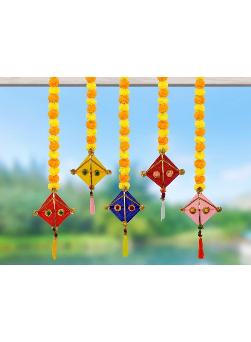 JH Gallery Handmade Artificial Marigold Fluffy Flowers Colorful Woolen Kite Hanging for Home, Festival, Wedding, Temple Pooja Room Decoration (Pack of 5) - Image 5