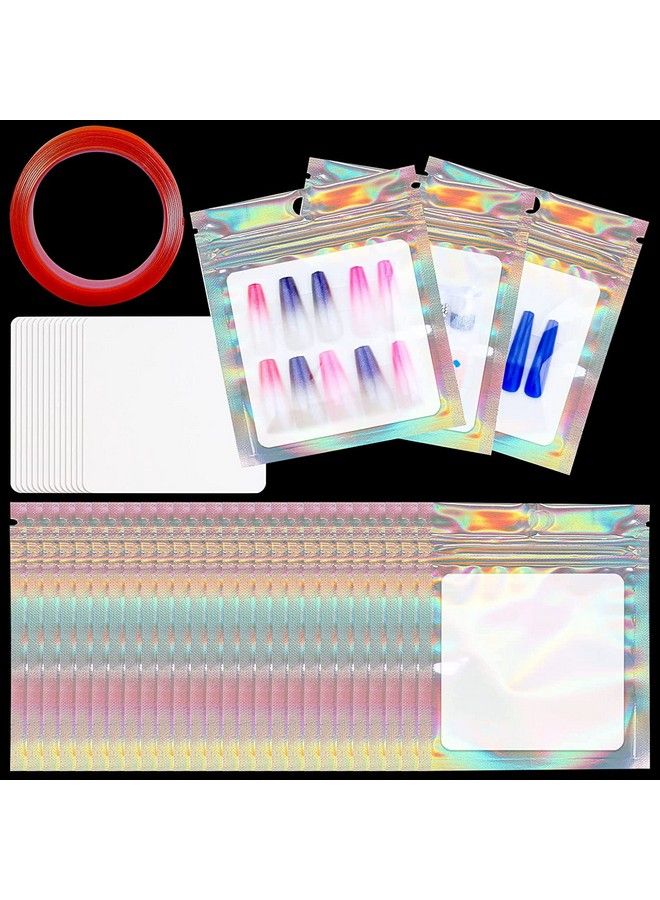 Lokyango Press On Nail Packaging Bag 50Pcs Empty Holographic Nail Storage Bag And 50Pcs White Cardboard With 1 Roll Transparent Tape For Handmade Nails Business Nail Display (50Pcs) - Image 1