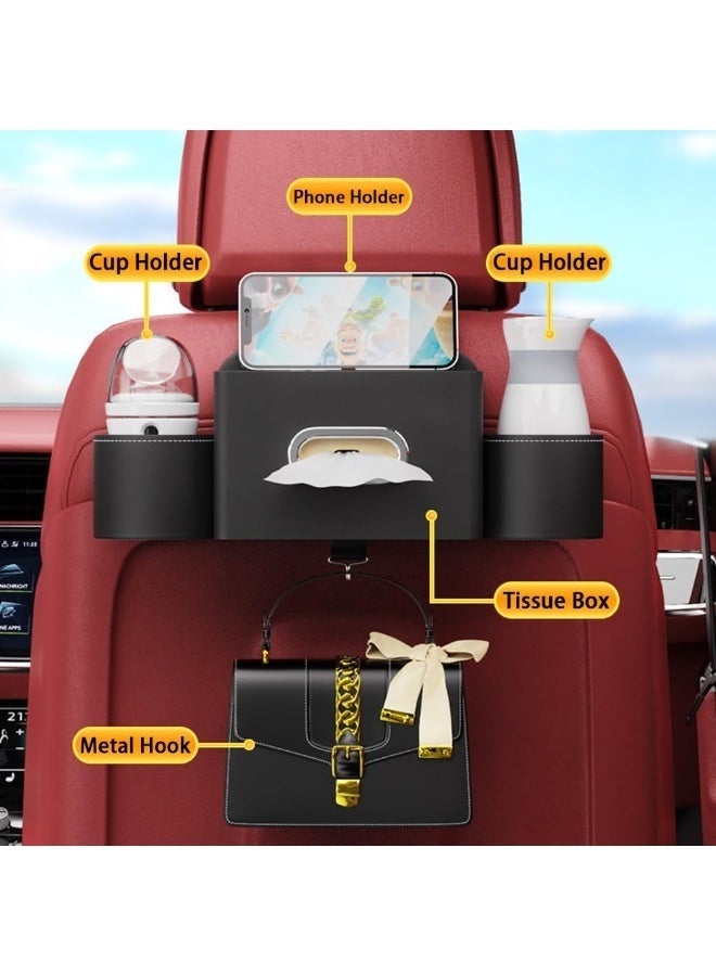 Arabest Seat Back Organizer, Full Leather Cover Tissue Case Headrest Storage Box with 2 Cup Holders and Hook Multi-functional Durable Back Seat Storage Tool for Family Travel and Kids Care Black - Image 2