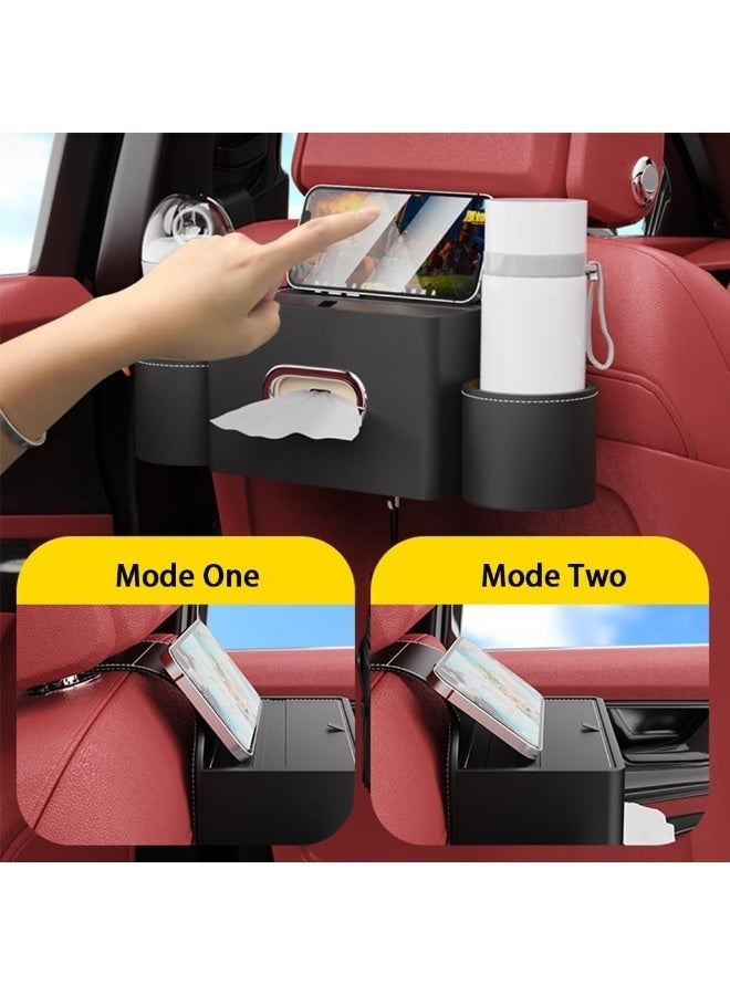 Arabest Seat Back Organizer, Full Leather Cover Tissue Case Headrest Storage Box with 2 Cup Holders and Hook Multi-functional Durable Back Seat Storage Tool for Family Travel and Kids Care Black - Image 3