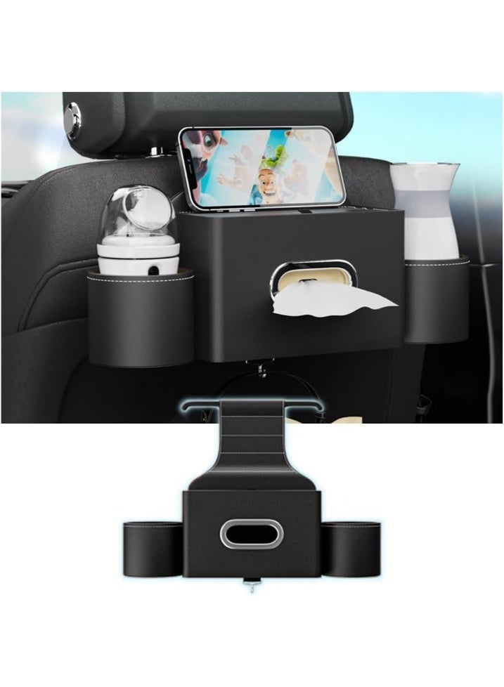 Arabest Seat Back Organizer, Full Leather Cover Tissue Case Headrest Storage Box with 2 Cup Holders and Hook Multi-functional Durable Back Seat Storage Tool for Family Travel and Kids Care Black - Image 1