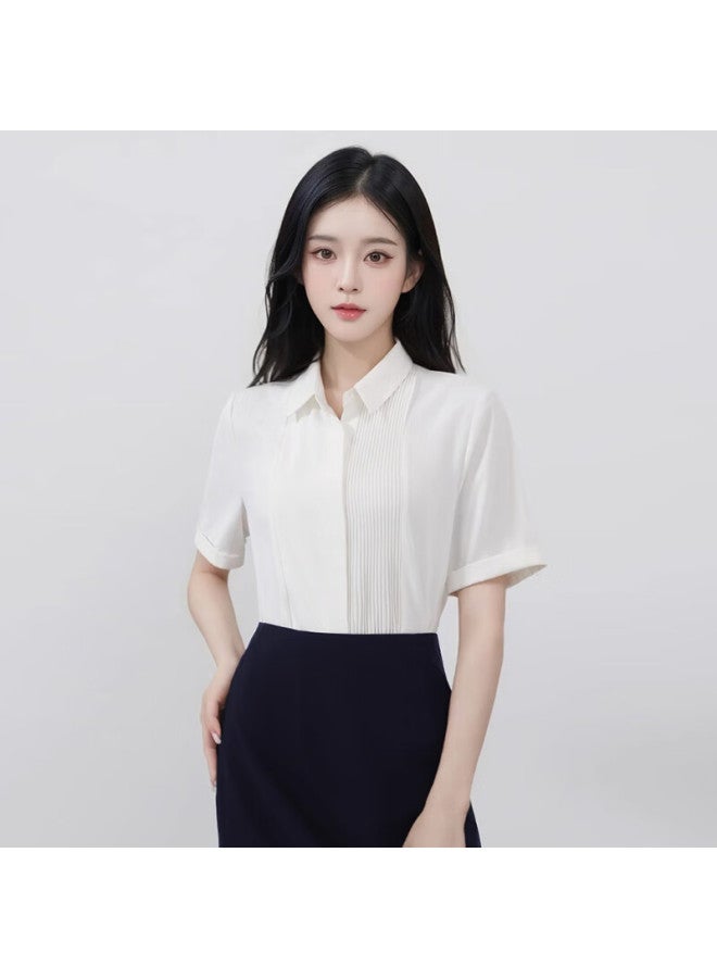 Teluoman Professional White Short-sleeve Blouse For Women, Summer Chiffon Design Formal Wear For Interviews, Elegant Casual Commuter Half-sleeve Shirt - Image 1