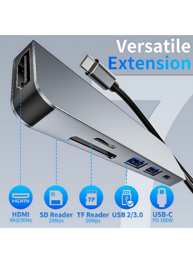 أثير محول USB C متعدد المنافذ 6 في 1 ، محول من النوع C إلى HDMI 4K 30 هرتز مع شحن PD بقوة 100 واط ، قارئ بطاقة SD / TF ، منفذ نقل بيانات USB 3.0 5 جيجابت في الثانية ، موسع USB C متوافق مع MacBook Pro / Air 2023 M2 / M1 ، iPad Pro / Air ، HP ، Dell ، Asus ، Lenovo ، إلخ. أجهزة الكمبيوتر المحمولة ذات المنفذ C - Image 2
