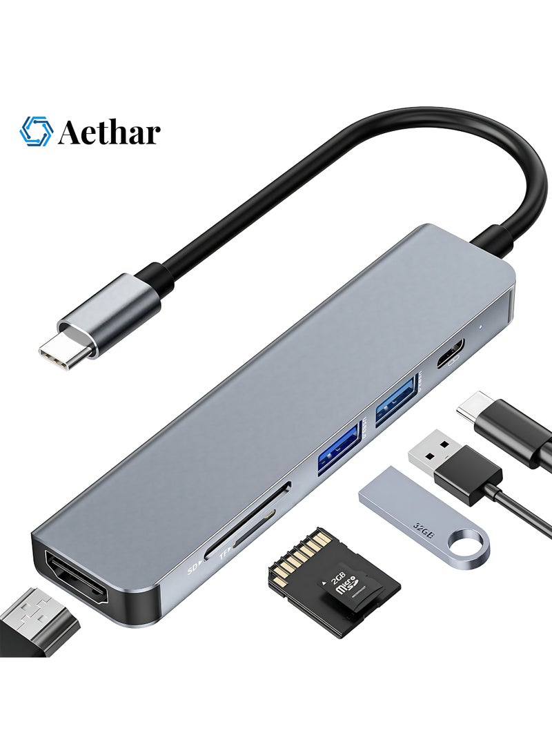 أثير محول USB C متعدد المنافذ 6 في 1 ، محول من النوع C إلى HDMI 4K 30 هرتز مع شحن PD بقوة 100 واط ، قارئ بطاقة SD / TF ، منفذ نقل بيانات USB 3.0 5 جيجابت في الثانية ، موسع USB C متوافق مع MacBook Pro / Air 2023 M2 / M1 ، iPad Pro / Air ، HP ، Dell ، Asus ، Lenovo ، إلخ. أجهزة الكمبيوتر المحمولة ذات المنفذ C - Image 1
