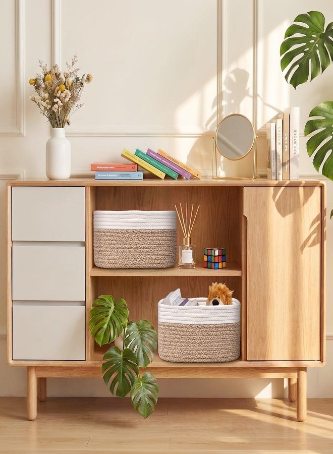Degeyoyo Storage Baskets for Shelves, 2 Pack Shallow Basket - 10.5" x 10.5" x 5.5", Rope Baskets for Organizing Toys, Snacks, Cube Storage Bins for Closet, Bedroom, Nursery, Brown & White - Image 2