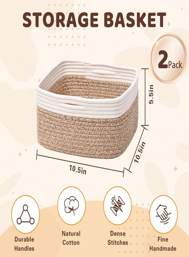 Degeyoyo Storage Baskets for Shelves, 2 Pack Shallow Basket - 10.5" x 10.5" x 5.5", Rope Baskets for Organizing Toys, Snacks, Cube Storage Bins for Closet, Bedroom, Nursery, Brown & White - Image 5