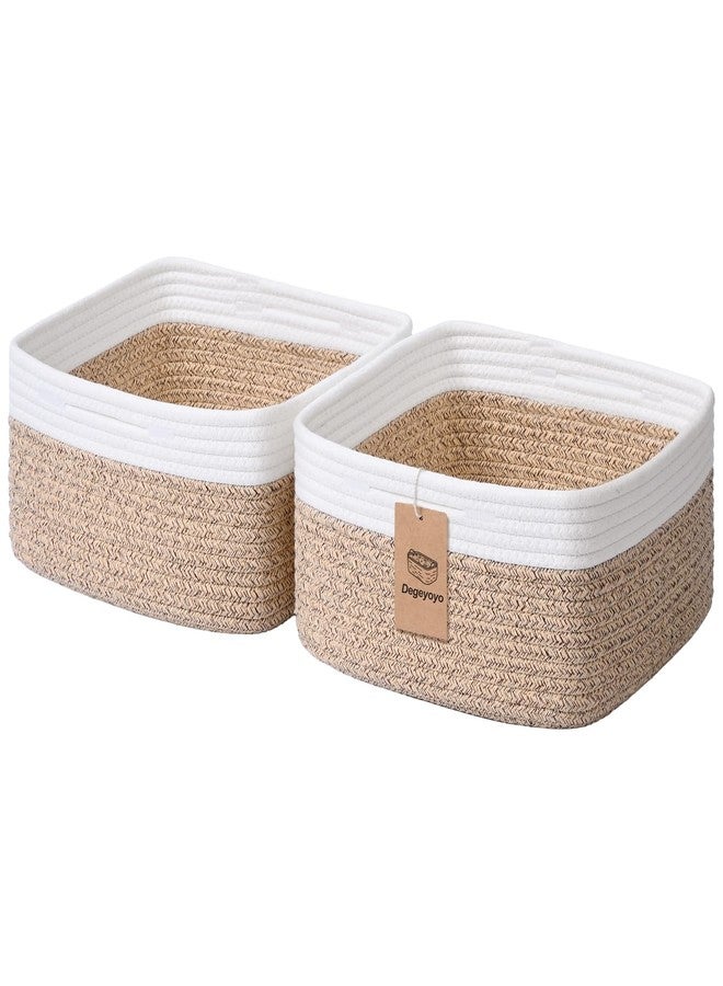 Degeyoyo Storage Baskets for Shelves, 2 Pack Shallow Basket - 10.5" x 10.5" x 5.5", Rope Baskets for Organizing Toys, Snacks, Cube Storage Bins for Closet, Bedroom, Nursery, Brown & White - Image 1