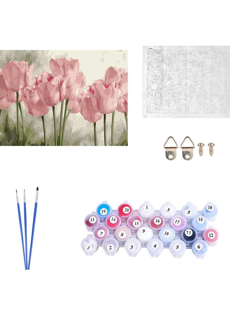 DIY Paint by Numbers Pink Tulips, for Adults Kids Tulip Paint by Numbers DIY Painting Acrylic Paint by Numbers Painting Kit Home Wall Living Room Bedroom Decoration