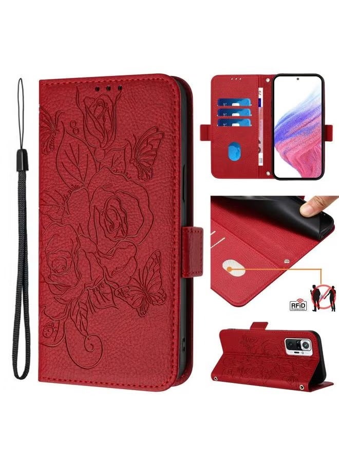 erorex - Case cover For Redmi Note 10 Pro Embossed Rose RFID Anti-theft Leather Phone Case(Red) - Image 1