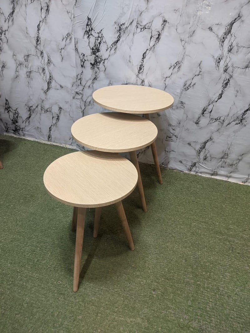 Modern Circular Nesting Coffee & Side Tables with Wooden Legs, Set of 3