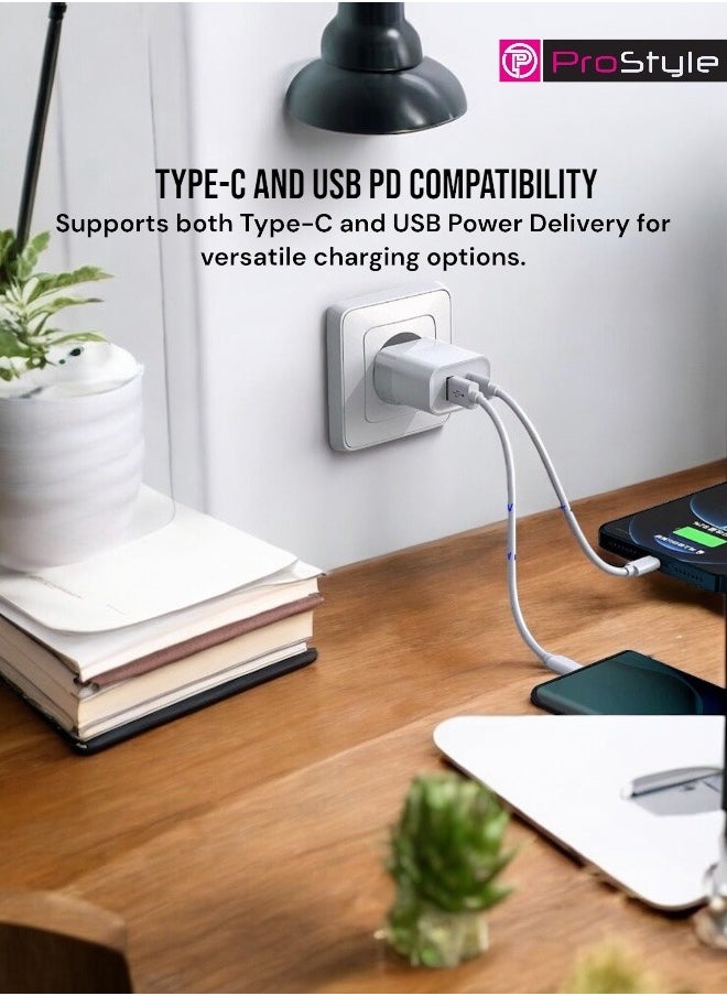 Prostyle - 30W Mobile Fast Charger Adapter Type-C and USB PD for iPhone 16, 15 Pro Max, Plus, iPad, Apple Watch, S10, AirPods 4 - White - Image 1